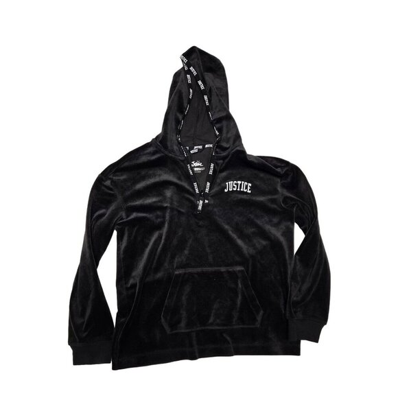 Justice Girls' Black Velour 1 /4 Zip Hoodie Sweatshirt with Kangaroo Pocket Sz12 - Picture 1 of 8